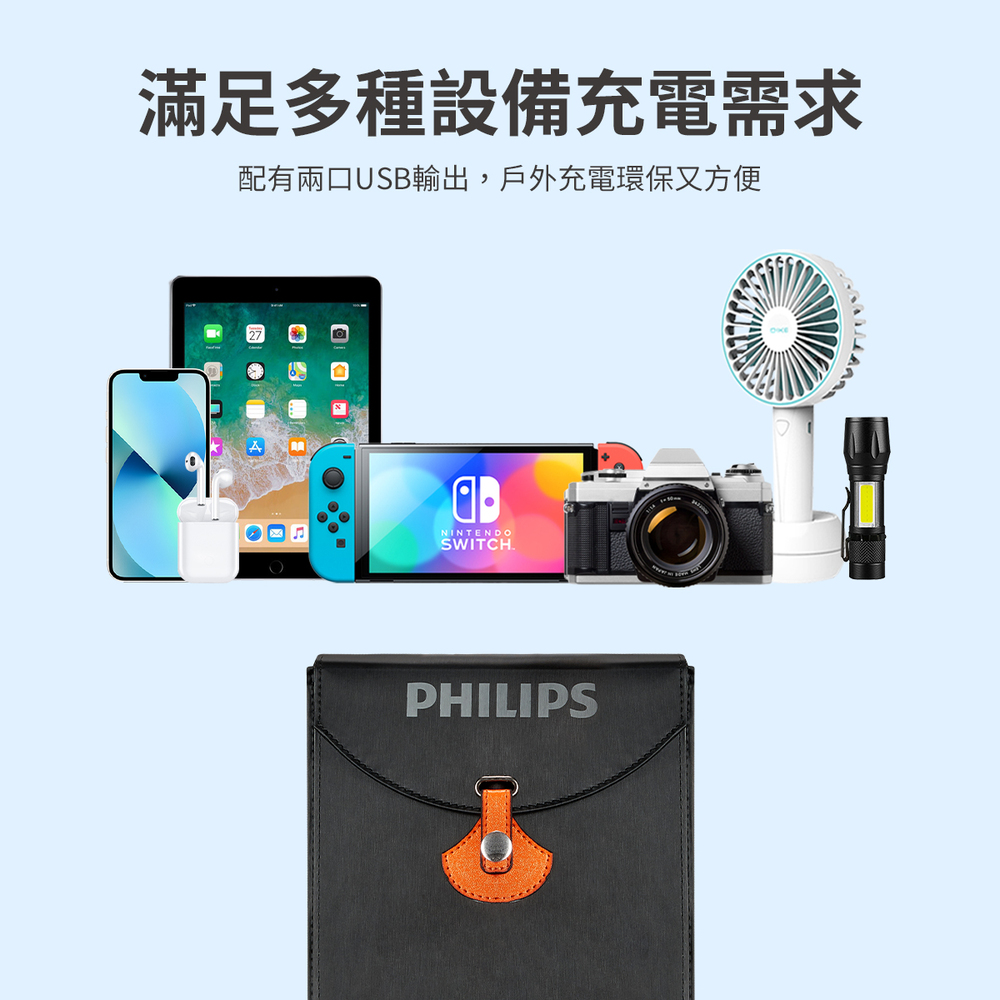 滿足多種設備充電需求 配有兩口USB輸出,戶外充電環保又方便 