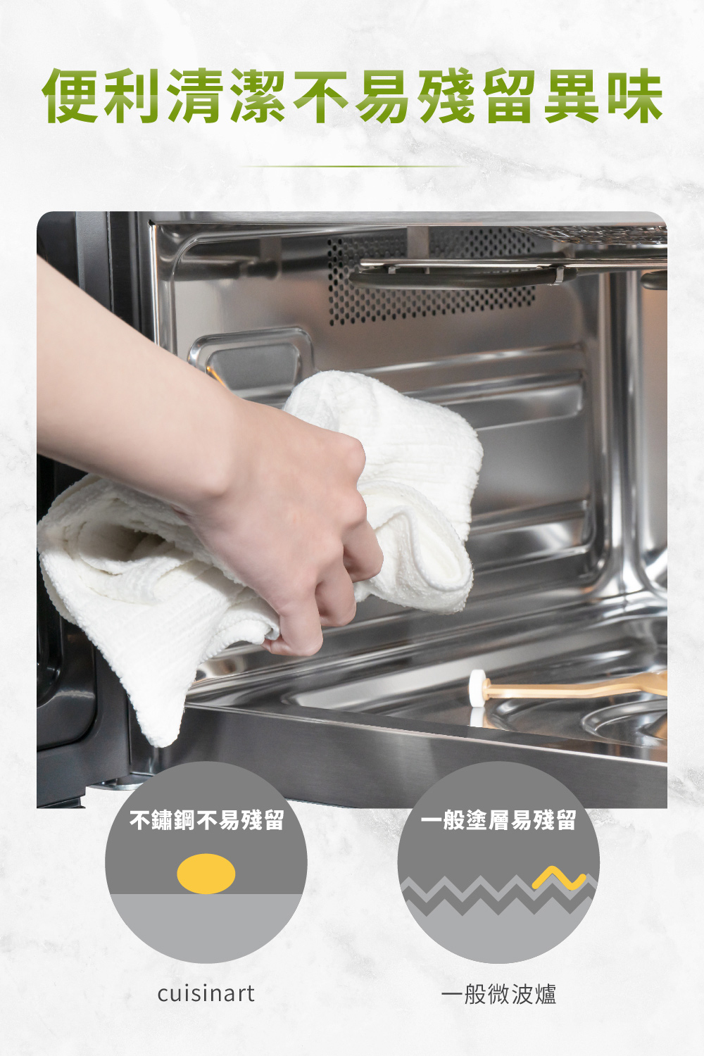 便利清潔不易殘留異味 不鏽鋼不易殘留 一般塗層易殘留 一般微波爐