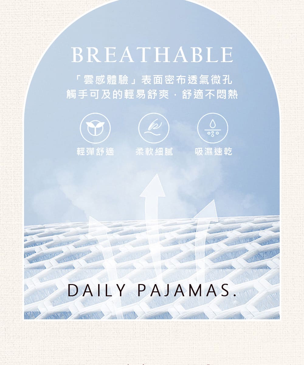 雲感體驗表面密布透氣微孔 觸手可及的輕易舒爽,舒適不悶熱 輕彈舒適 柔軟細膩 吸濕速乾 