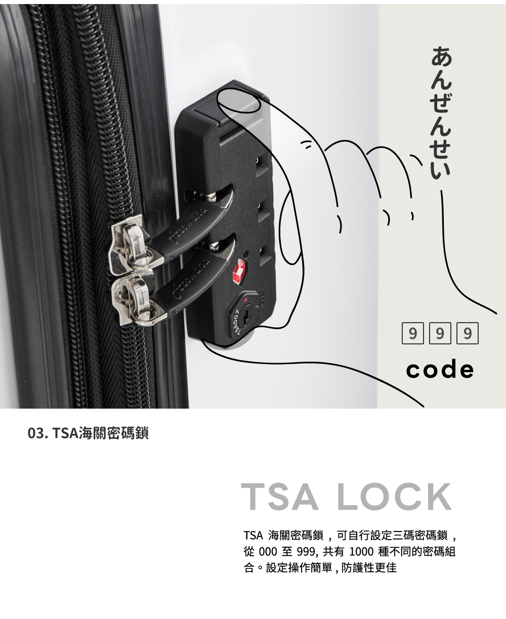 03. TSA海關密碼鎖 TSA 海關密碼鎖,可自行設定三碼密碼鎖, 從 000 至 999, 共有 1000 種不同的密碼組 合。設定操作簡單,防護性更佳 