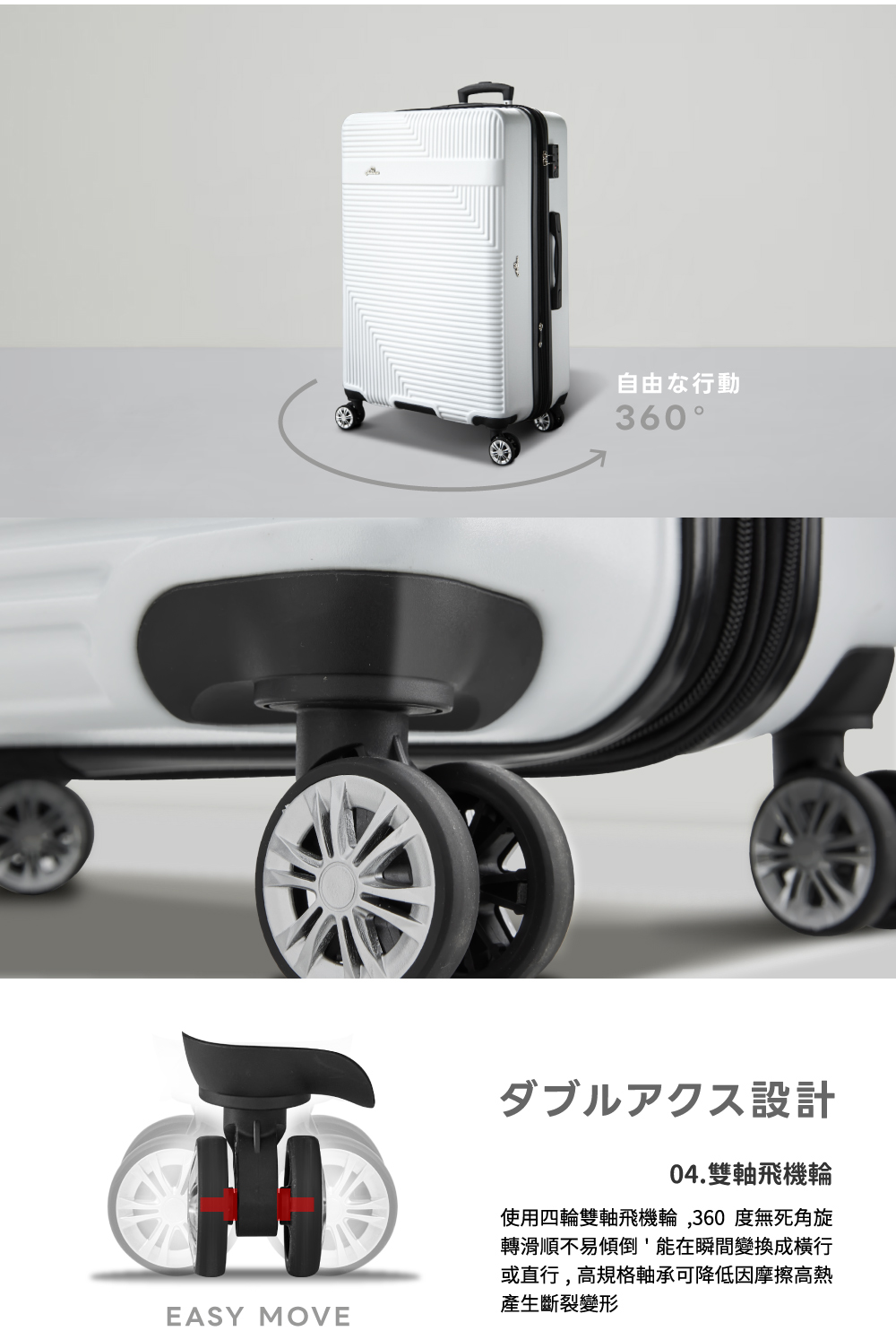 使用四輪雙軸飛機輪,360 度無死角旋