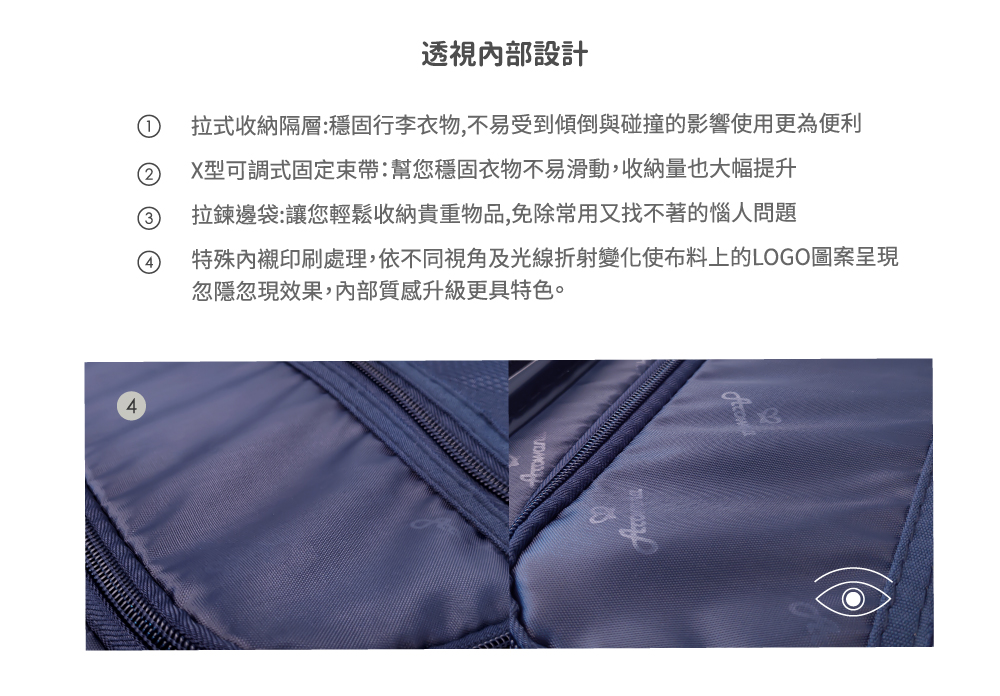 特殊內襯印刷處理,依不同視角及光線折射變化使布料上的LOGO圖案呈現