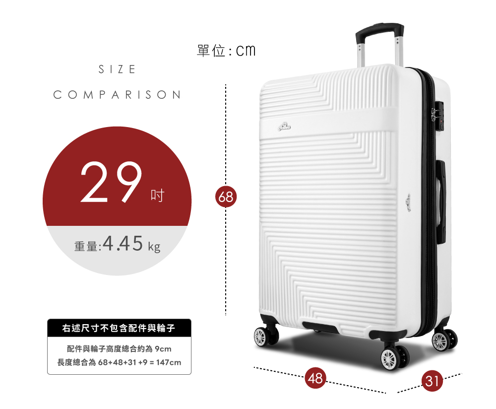 重量4.45 kg 右述尺寸不包含配件與輪子 配件與輪子高度總合約為 9cm 長度總合為 684831 9  147cm 單位CM 