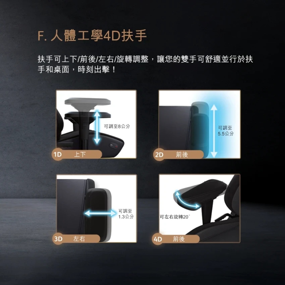 扶手可上下前後左右旋轉調整,讓您的雙手可舒適並行於扶