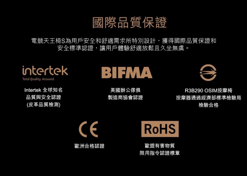 電競天王椅S為用戶安全和舒適需求所特別設計,獲得國際品質保證和