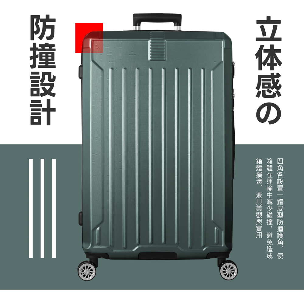 立体感 防撞設計 四角各設置一體成型防撞護角,使 箱體在運輸中減少碰撞,避免造成 箱體損壞,兼具美觀與實用 
