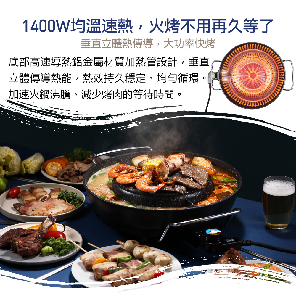 1400W均溫速熱,火烤不用再久等了 垂直立體熱傳導,大功率快烤 底部高速導熱鋁金屬材質加熱管設計,垂直 立體傳導熱能,熱效持久穩定、均勻循環。 加速火鍋沸騰、減少烤肉的等待時間。