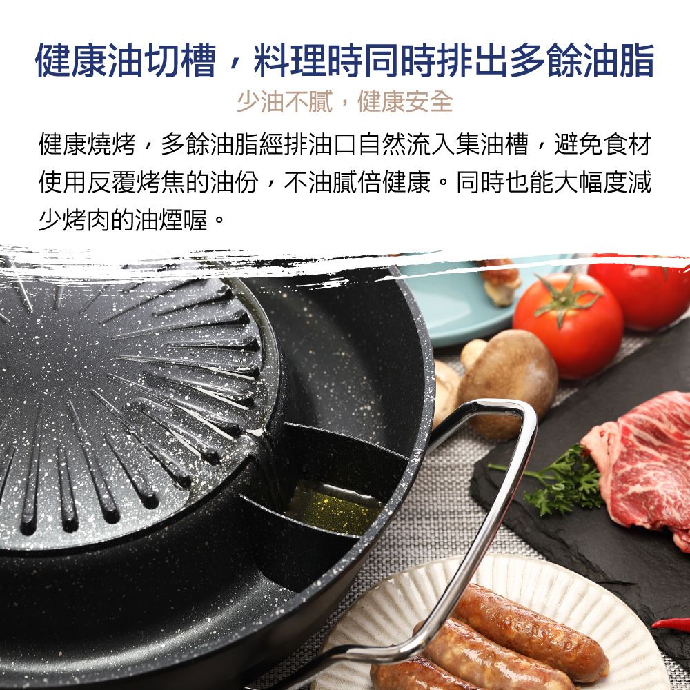 健康油切槽,料理時同時排出多餘油脂 少油不膩,健康安全 健康燒烤,多餘油脂經排油口自然流入集油槽,避免食材 使用反覆烤焦的油份,不油膩倍健康。同時也能大幅度減 少烤肉的油煙喔。