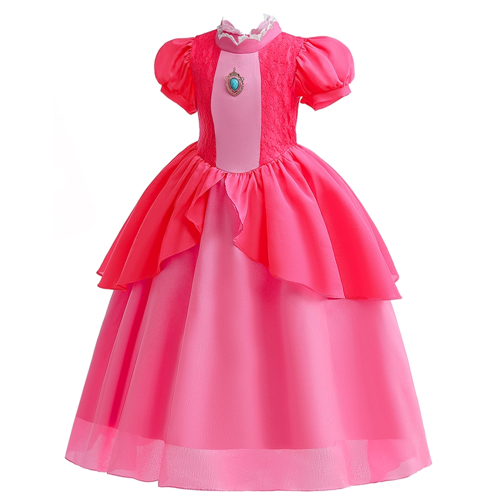 橘魔法 桃紅蕾絲碧姬公主短袖洋裝(馬力歐 卡通 大童 女童 