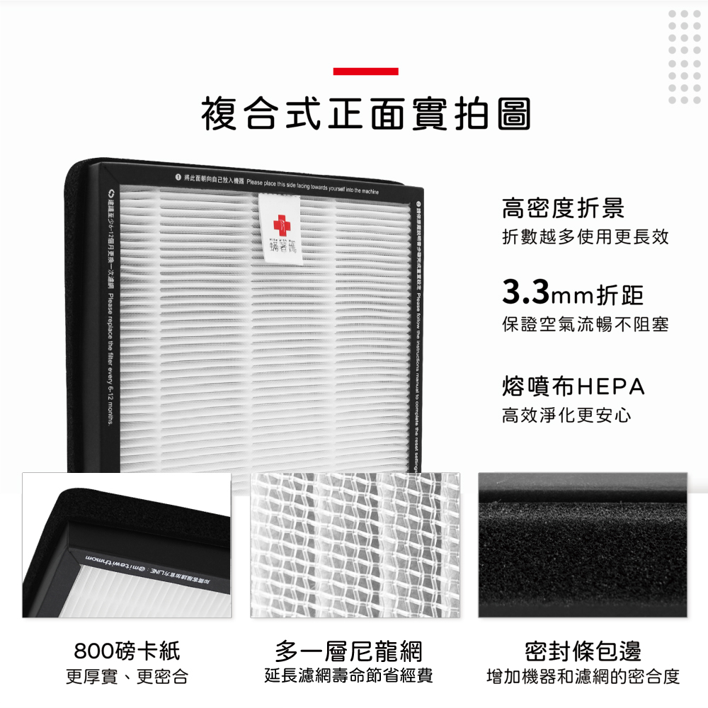 建議至少6-12個月更换一次網 Please replace the filter every 6-12 months.複合式正實拍圖 面自己放入機器 Please place this side facing towards yourself into the machine高密度折景蟎著媽折數越多使用更長效3.3mm折距保證空氣流暢不阻塞熔噴布HEPA高效淨化更安心800磅卡紙更厚實、更密合多一層尼龍網密封條包邊延長濾網壽命節省經費增加機器和濾網的密合度