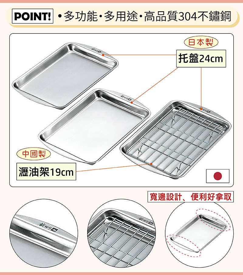 Suzunari 日本製304不鏽鋼多功能瀝油瀝水托盤4件組