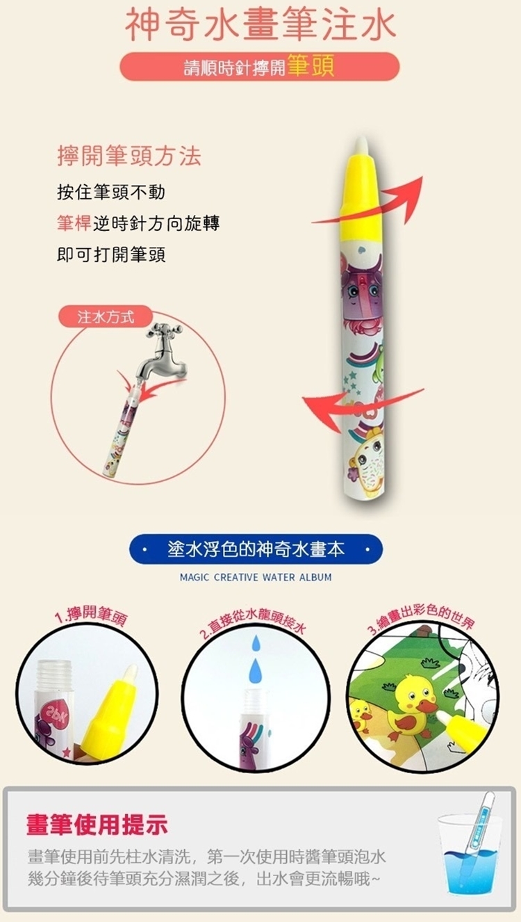 畫筆使用前先柱水清洗,第一次使用時醬筆頭泡水