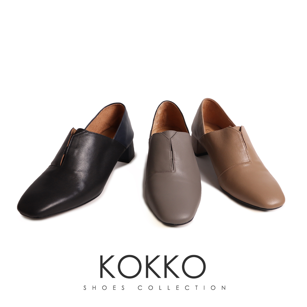 KOKKO 集團 俐落柔軟真皮小方頭粗跟深口鞋(灰色) 推薦