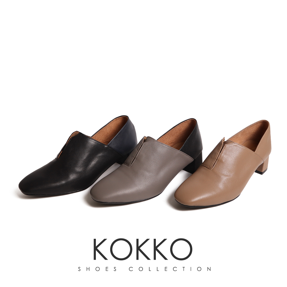 KOKKO 集團 俐落柔軟真皮小方頭粗跟深口鞋(灰色) 推薦