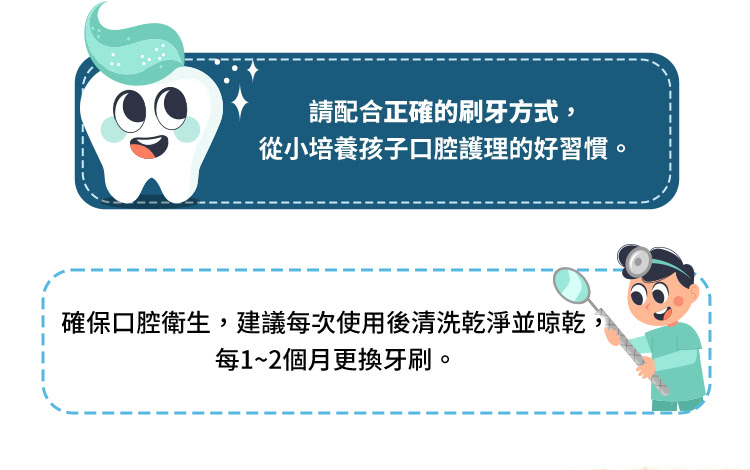 請配合正確的刷牙方式, 從小培養孩子口腔護理的好習慣。 確保口腔衛生,建議每次使用後清洗乾淨並晾乾 每12個月更換牙刷。 