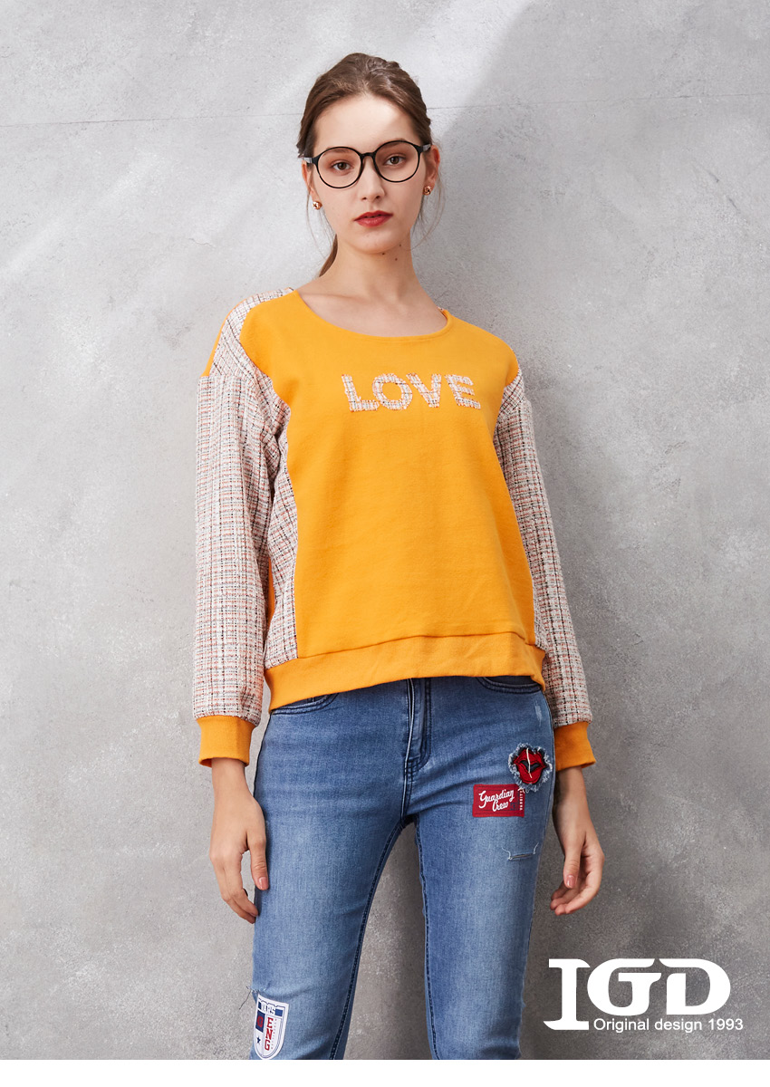 IGD 英格麗 網路獨賣款-LOVE粗呢格紋拼接造型T/大學