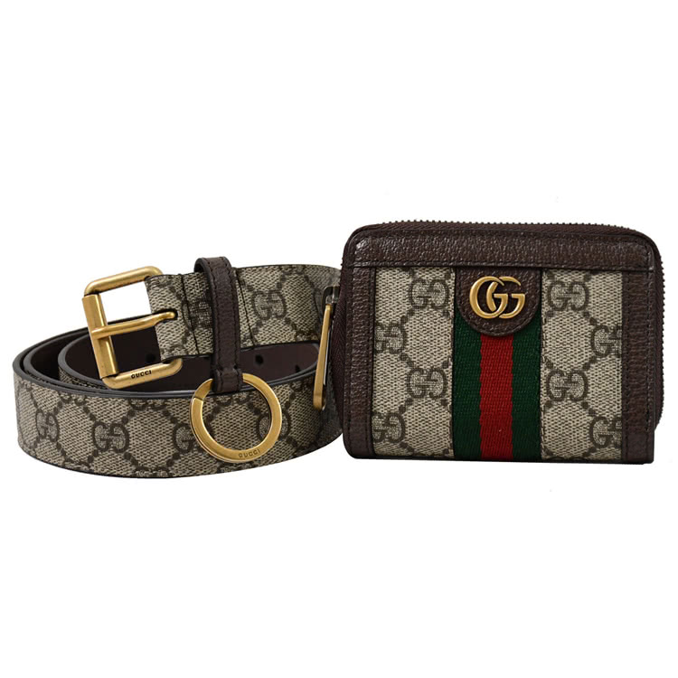 GUCCI 古馳 經典雙G緹花拼接信用卡零錢包皮帶多功能腰包