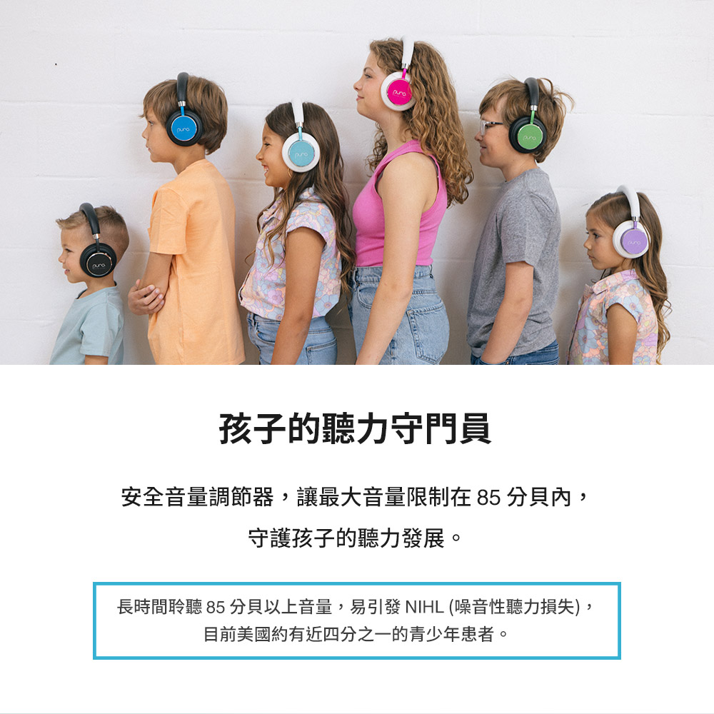 孩子的聽力守門員 安全音量調節器,讓最大音量限制在85 分貝內, 守護孩子的聽力發展。 長時間聆聽 85 分貝以上音量,易引發 NIHL 噪音性聽力損失, 目前美國約有近四分之一的青少年患者。 