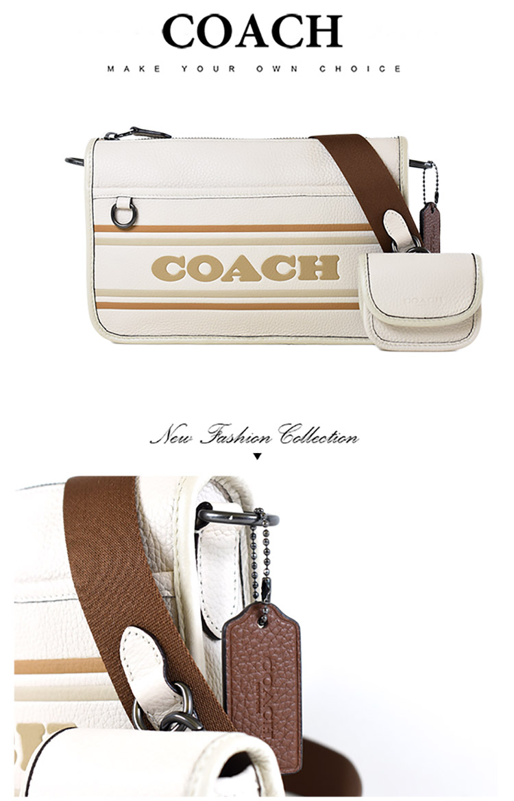 COACH 男款 立體LOGO荔枝紋拉鍊斜背包/附零錢包-米