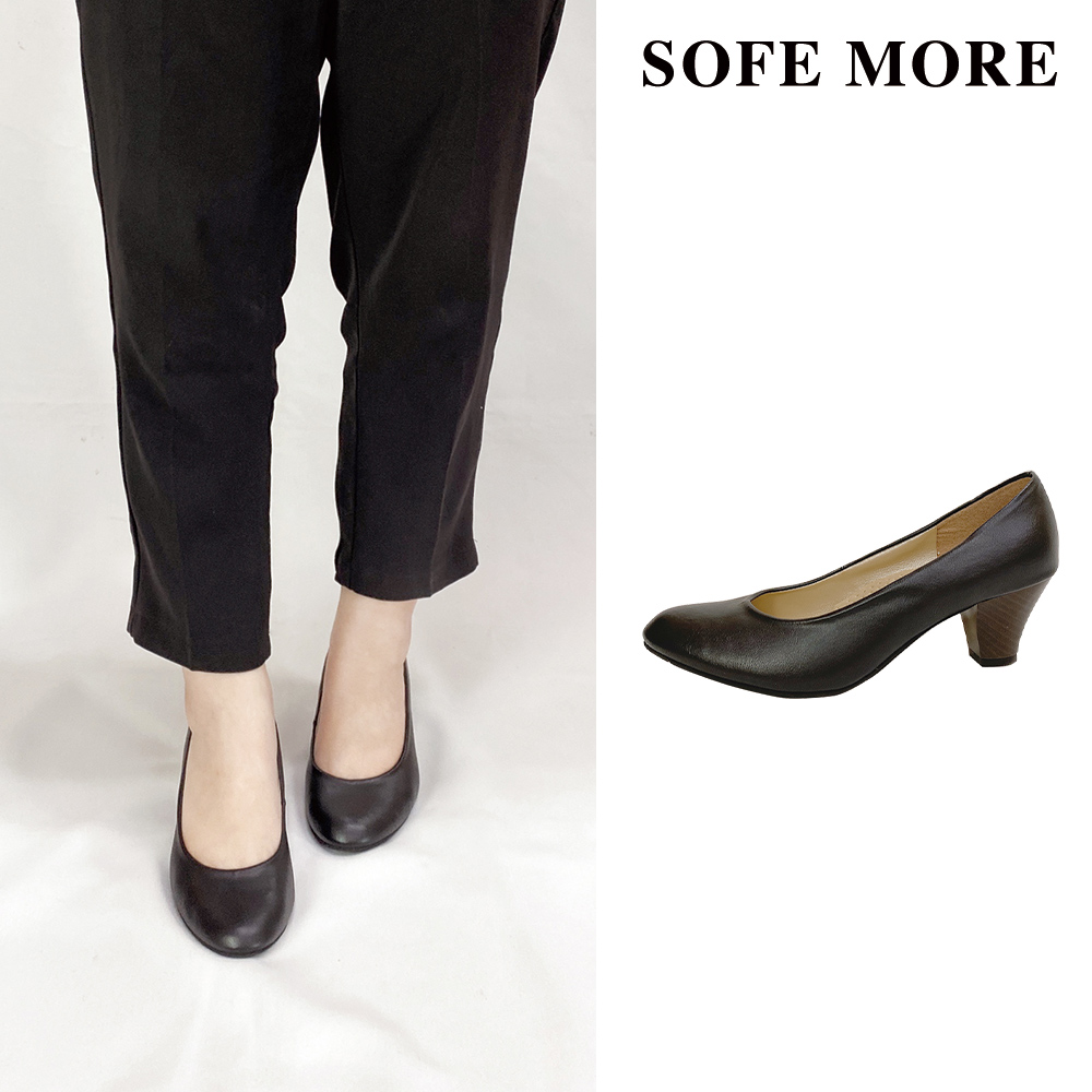 SOFE MORE 台灣製 黑色圓頭跟鞋 舒適氣墊中跟女鞋(