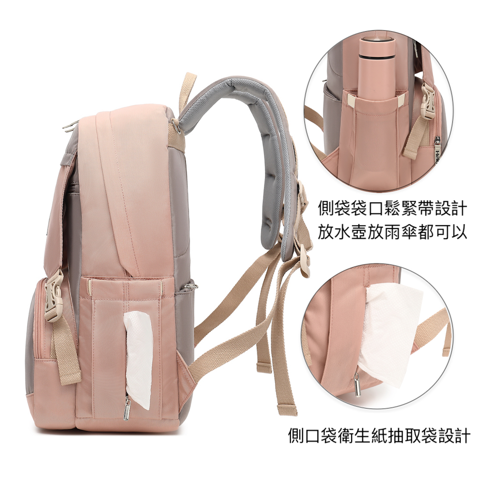 側袋袋口鬆緊帶設計 放水壺放雨傘都可以 側口袋衛生紙抽取袋設計 