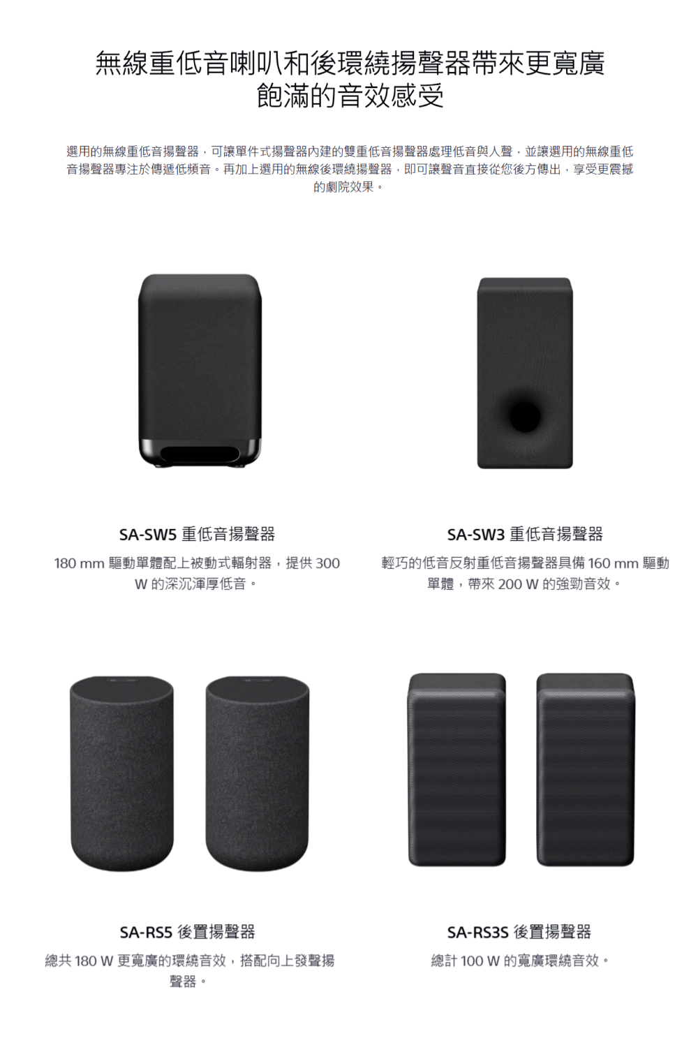 選用的無線重低音揚聲器,可讓單件式揚聲器內建的雙重低音揚聲器處理低音與人聲,並讓選用的無線重低