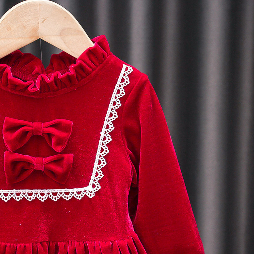 安朵童舖 現貨韓版兒童長袖絲絨公主裙女童新年喜氣紅色連身裙兒