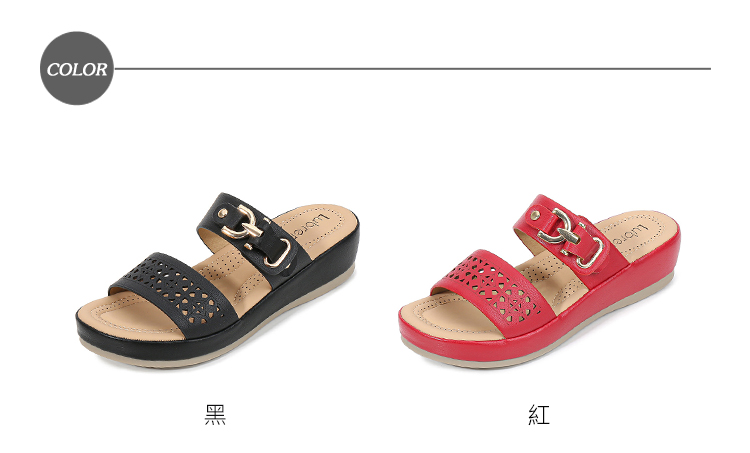 DROM 坡跟拖鞋 厚底拖鞋/縷空刻花皮帶釦飾坡跟厚底拖鞋(