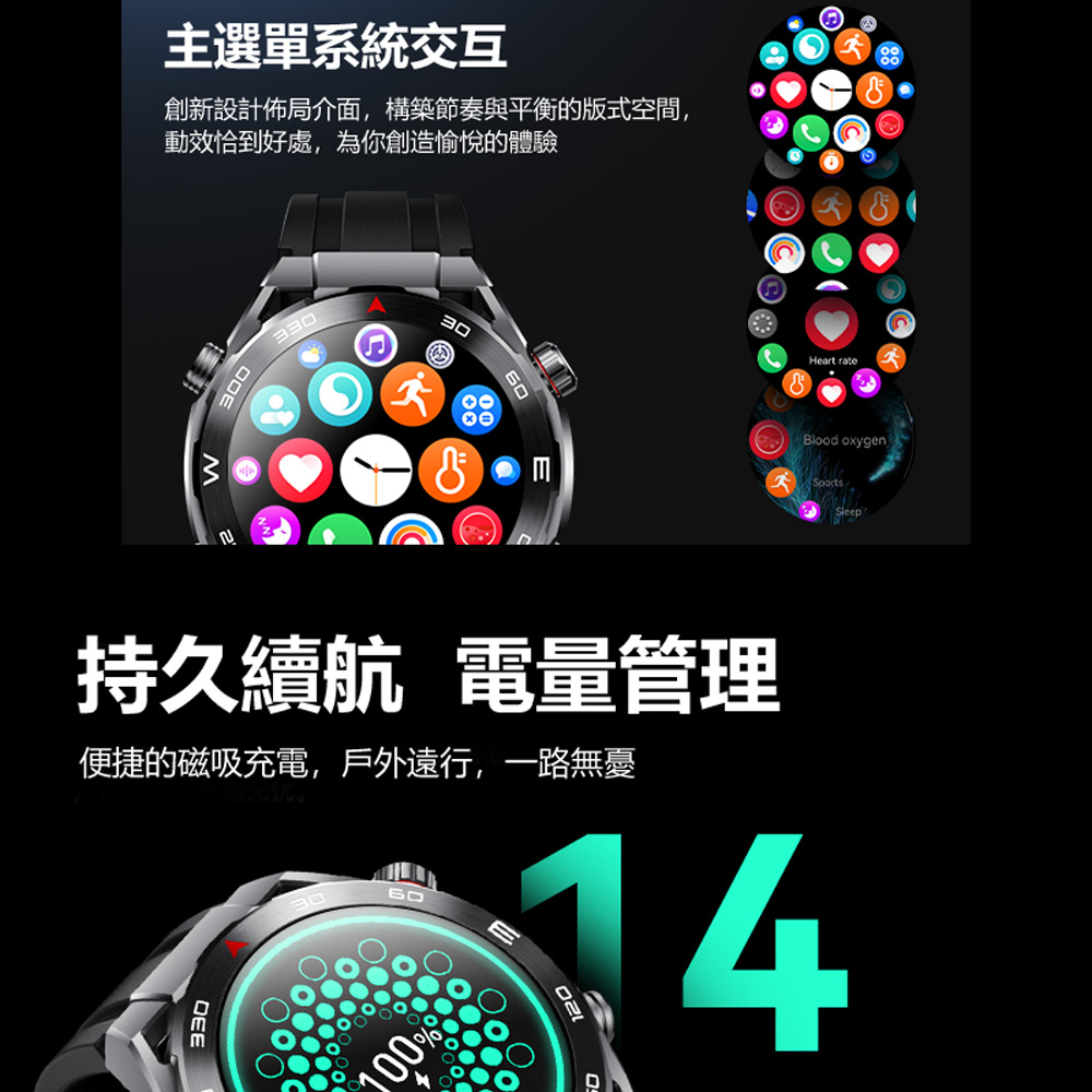 主選單系統交互 創新設計佈局介面,構築節奏與平衡的版式空間, 動效恰到好處,為你創造愉悅的體驗 持久續航 電量管理 便捷的磁吸充電,戶外遠行,一路無憂 