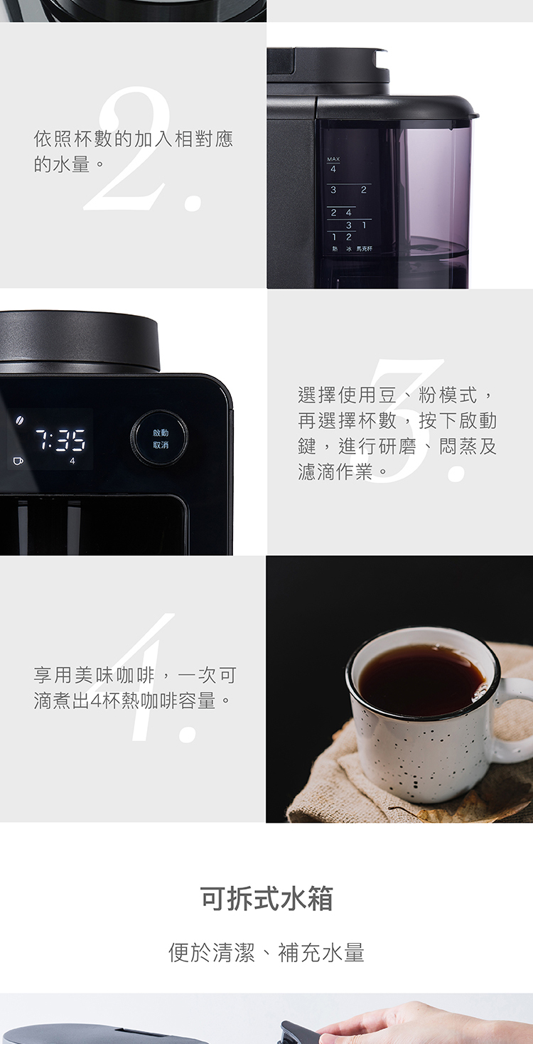 滴煮出4杯熱咖啡容量。