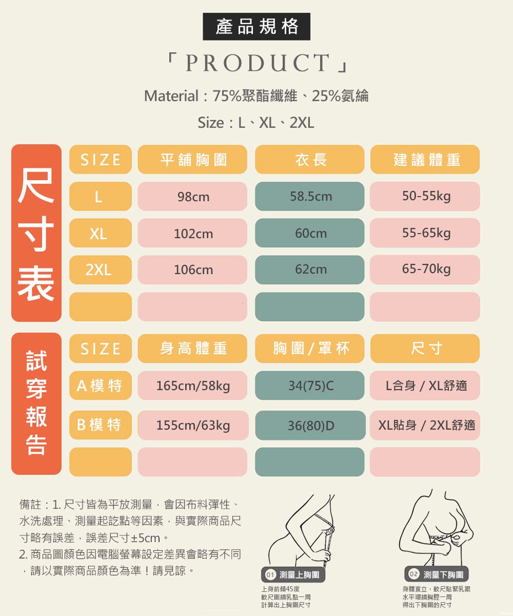 Material 75%聚酯纖維、25%氨綸