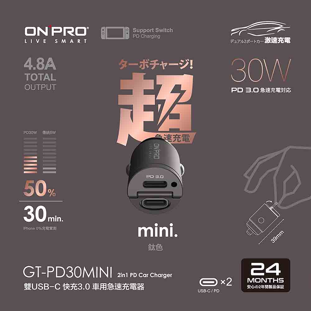 ONPRO 超迷你車充 2PD 4.8A 灰 GT-PD30