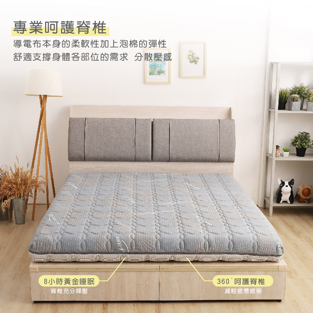 專業呵護脊椎導電布本身的柔軟性加上泡棉的彈性舒適支撐身體各部位的需求 分散壓感8小時黃金睡眠360呵護脊椎脊椎充分釋壓減輕疲憊疲勞