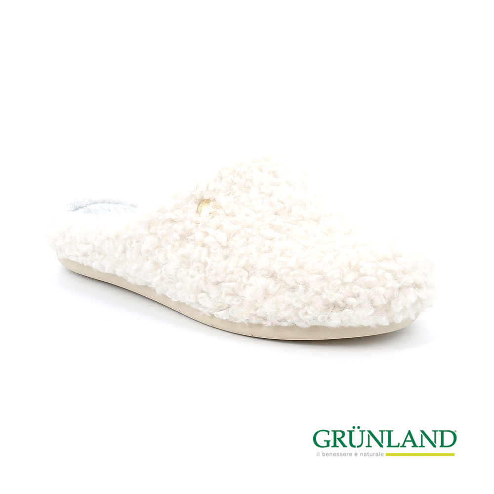 GRUNLAND 義大利捲捲羊毛輕柔保暖室內外拖鞋 沛納白(