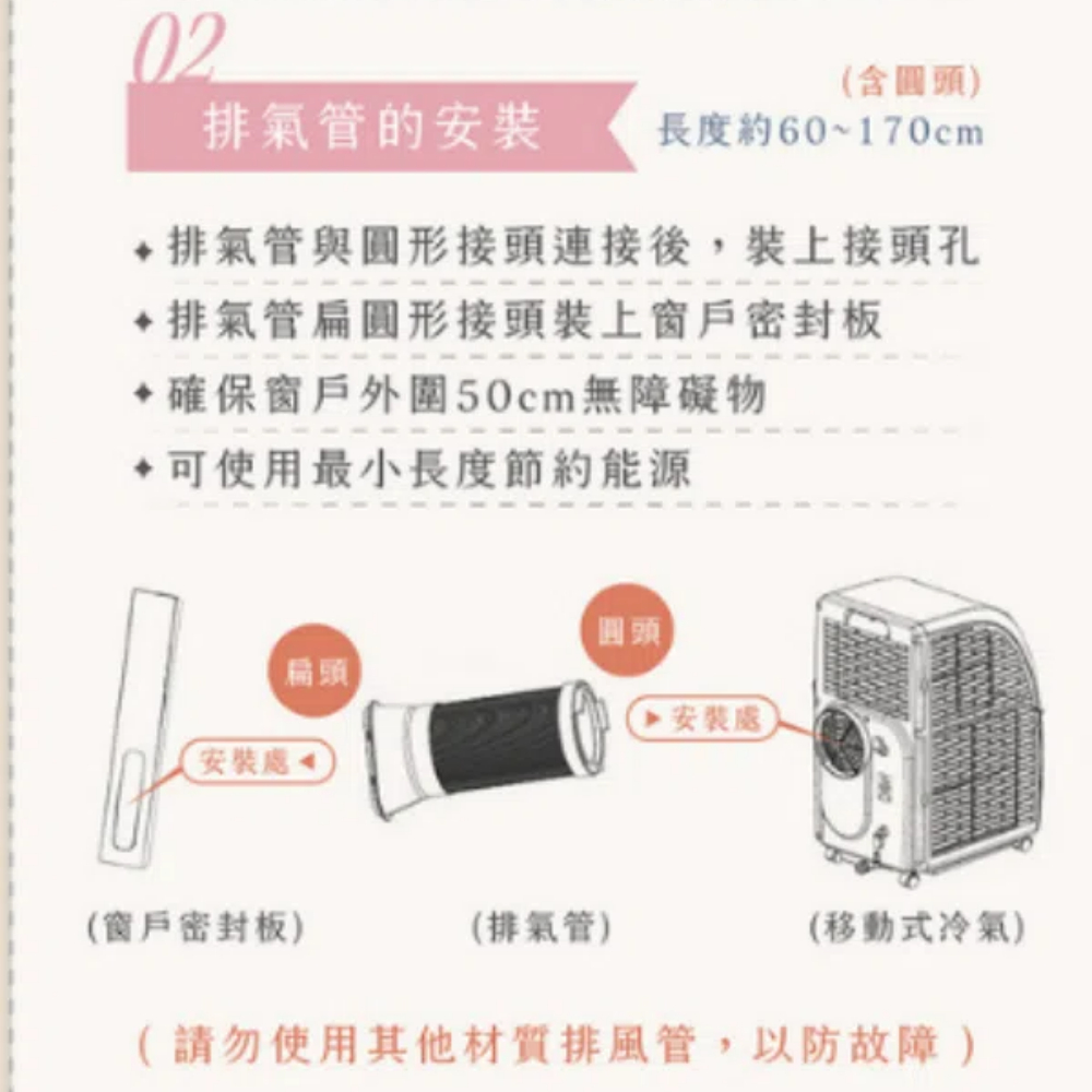02(含圓頭)排氣管的安裝長度約60~170cm 排氣管與圓形接頭連接後,裝上接頭孔 排氣管扁圓形接頭裝上窗戶密封板確保窗戶外圍50cm無障礙物使用最小長度節約能源圓頭扁頭安裝▶安裝處(窗戶密封板)(排氣管)(移動式冷氣)(請勿使用其他材質排風管,以防故障)