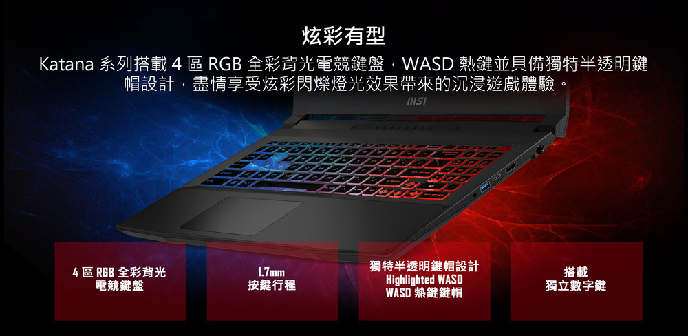 Katana 系列搭載 4 區 RGB 全彩背光電競鍵盤,WASD 熱鍵並具備獨特半透明鍵