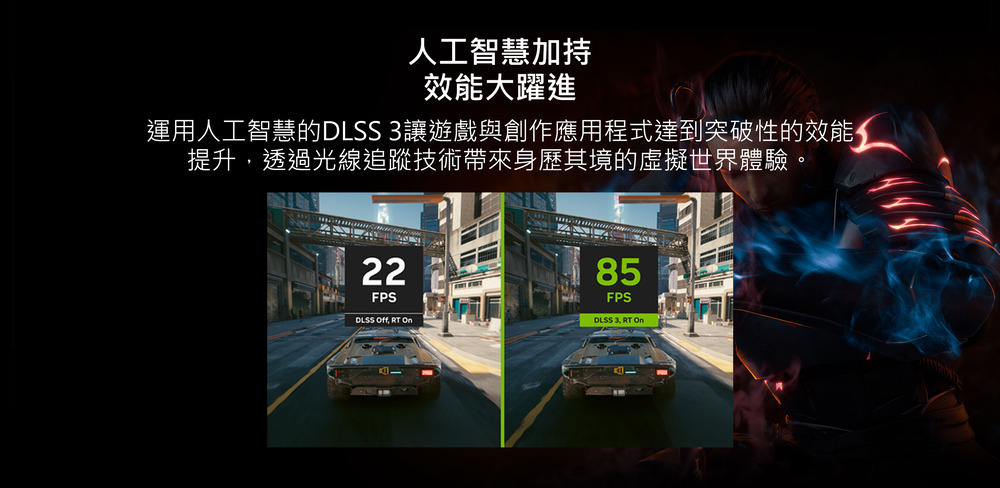 人工智慧加持 效能大躍進 運用人工智慧的DLSS 3讓遊戲與創作應用程式達到突破性的效能, 提升,透過光線追蹤技術帶來身歷其境的虛擬世界體驗。 