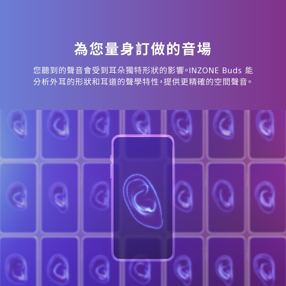 為您量身訂做的音場 您聽到的聲音會受到耳朵獨特形狀的影響。INZONE Buds 能 分析外耳的形狀和耳道的聲學特性,提供更精確的空間聲音。 