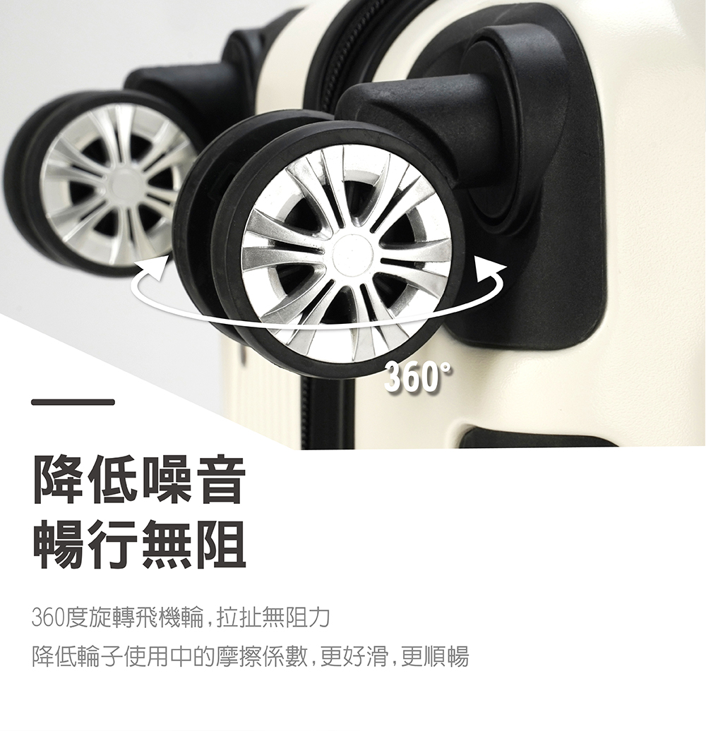 降低噪音 暢行無阻 360度旋轉飛機輪,拉扯無阻力 降低輪子使用中的摩擦係數,更好滑,更順暢 