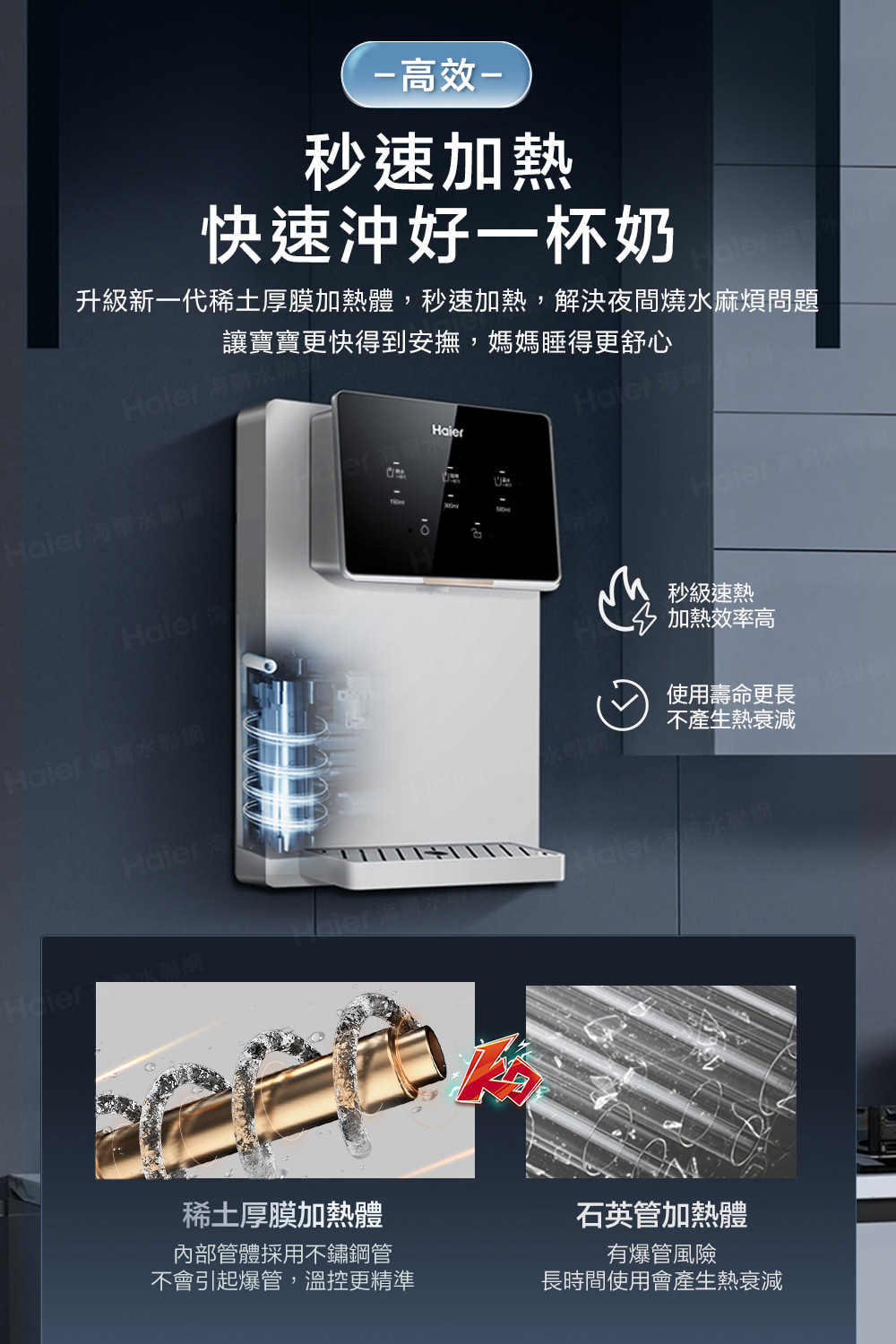 升級新一代稀土厚膜加熱體,秒速加熱,解決夜間燒水麻煩問題