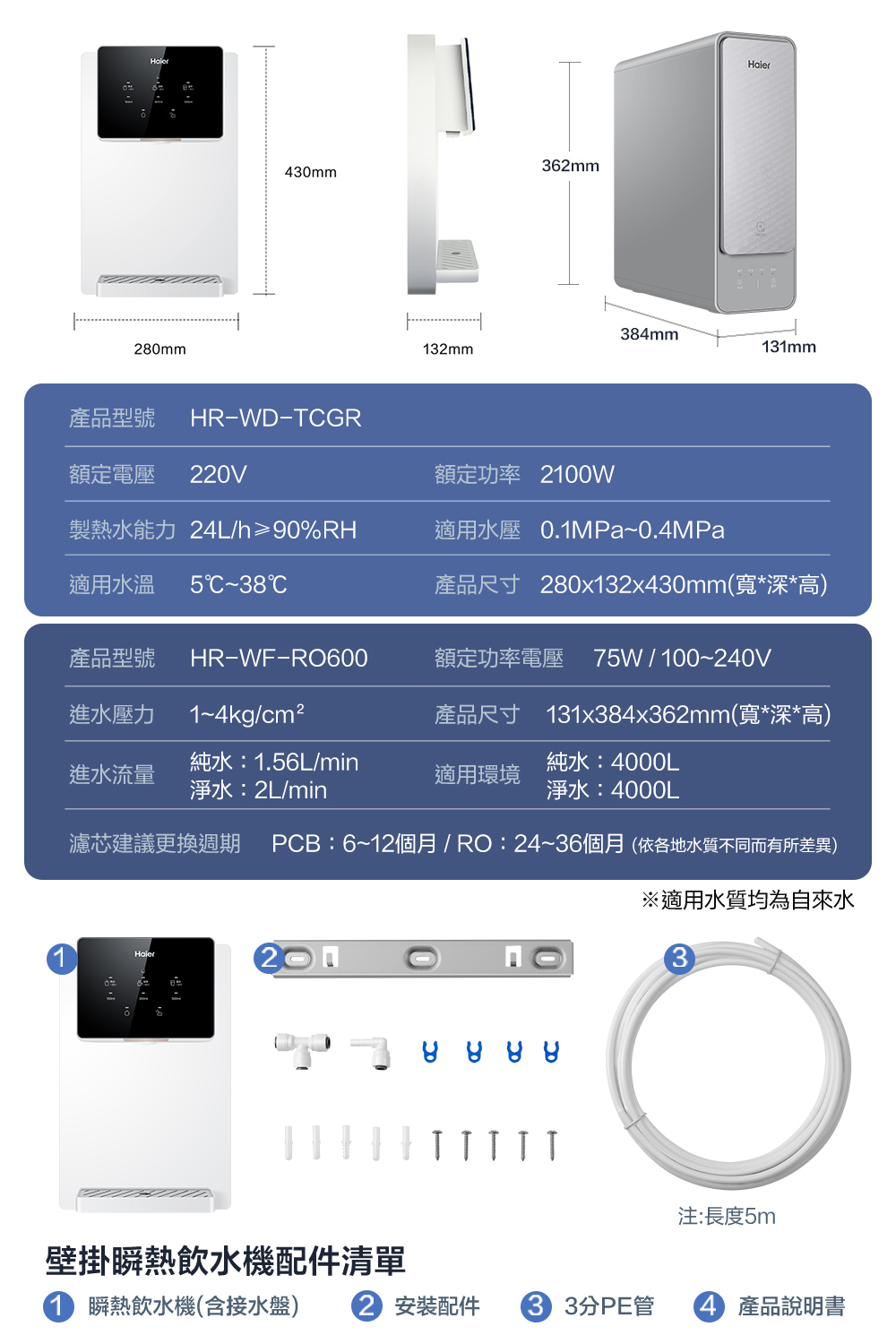 濾芯建議更換週期 PCB612個月RO2436個月依各地水質不同而有所差異