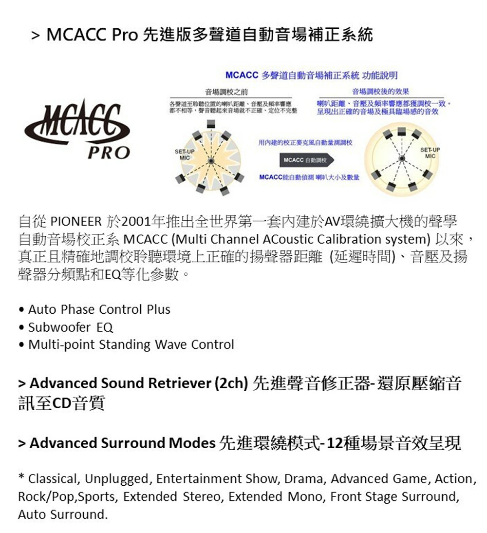 自動音場校正系 MCACC Multi Channel ACoustic Calibration system 以來,