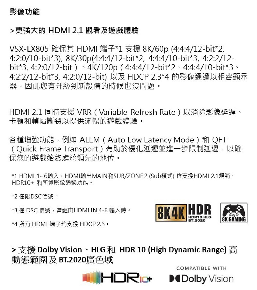 1 HDMI 16輸入,HDMI輸出MAIN和SUBZONE 2 Sub模式 皆支援HDMI 2.1規範、