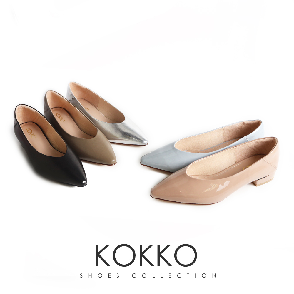 KOKKO 集團 素面簡約V型羊皮舒弧低跟包鞋(銀色)評價推