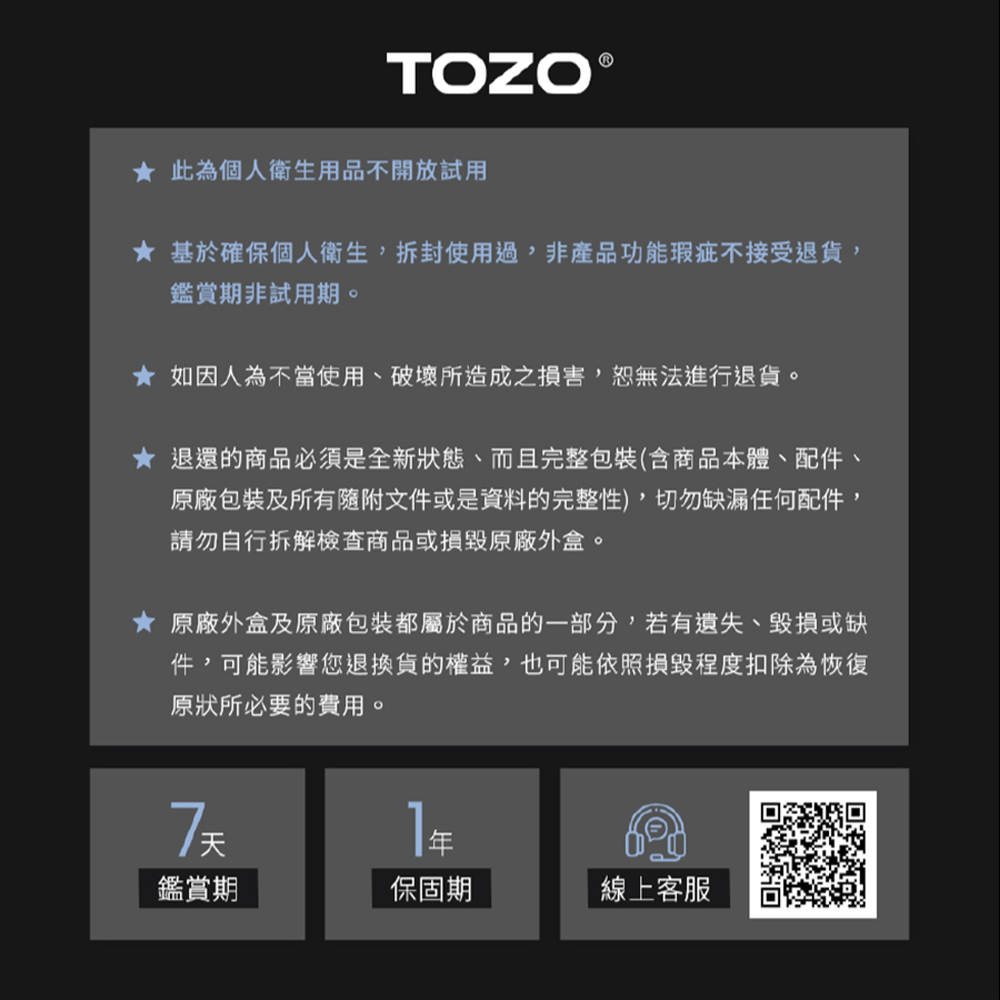 基於確保個人衛生,拆封使用過,非產品功能瑕疵不接受退貨,