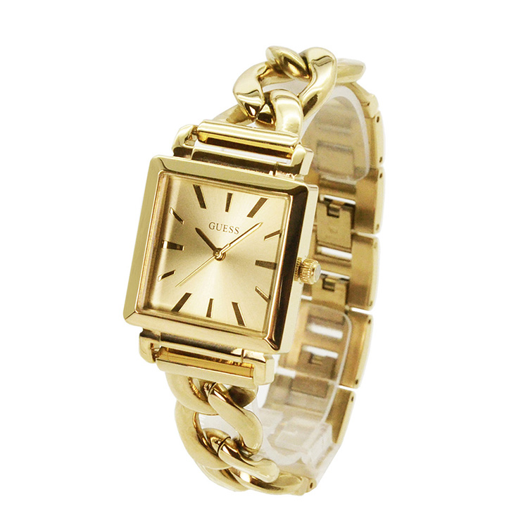 GUESS 金色系 時尚方型腕錶 牛仔鍊式不鏽鋼錶帶 女錶(