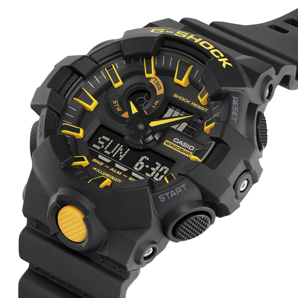 CASIO 卡西歐 大膽搶眼黑黃色彩風格前按鈕設計時尚腕錶 