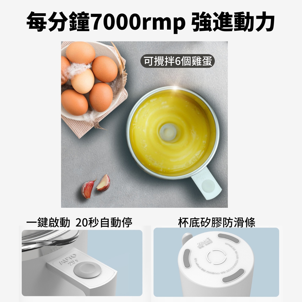 每分鐘7000rmp強進動力 一鍵啟動 20秒自動停 可攪拌6個雞蛋 杯底矽膠防滑條 