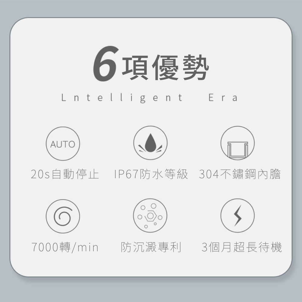 6項優勢 20s自動停止 IP67防水等級 304不鏽鋼內膽 7000轉min 防沉澱專利 3個月超長待機 