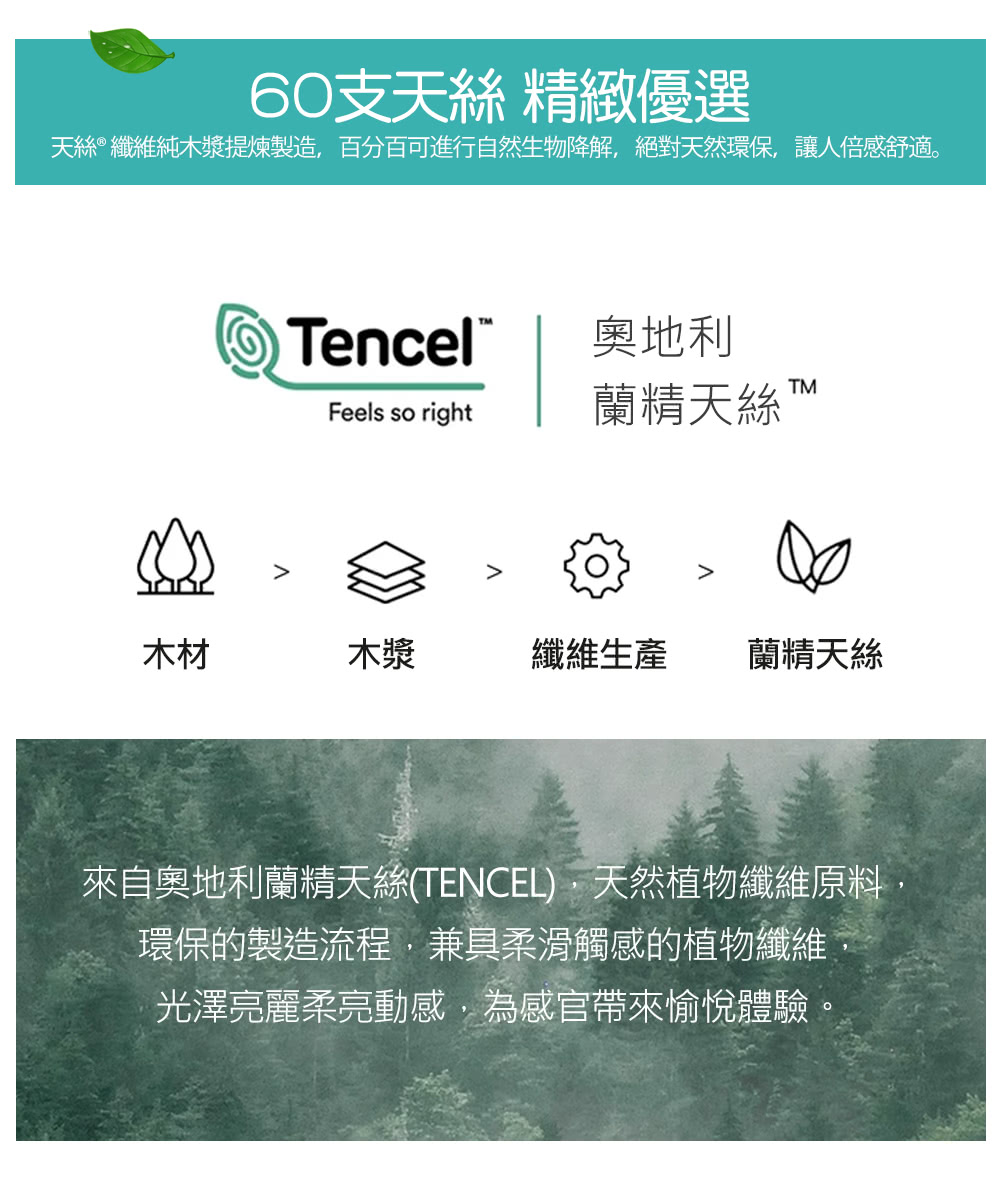 天絲纖維純木漿提煉製造,百分百可進行自然生物降解,絕對天然環保,讓人倍感舒適。